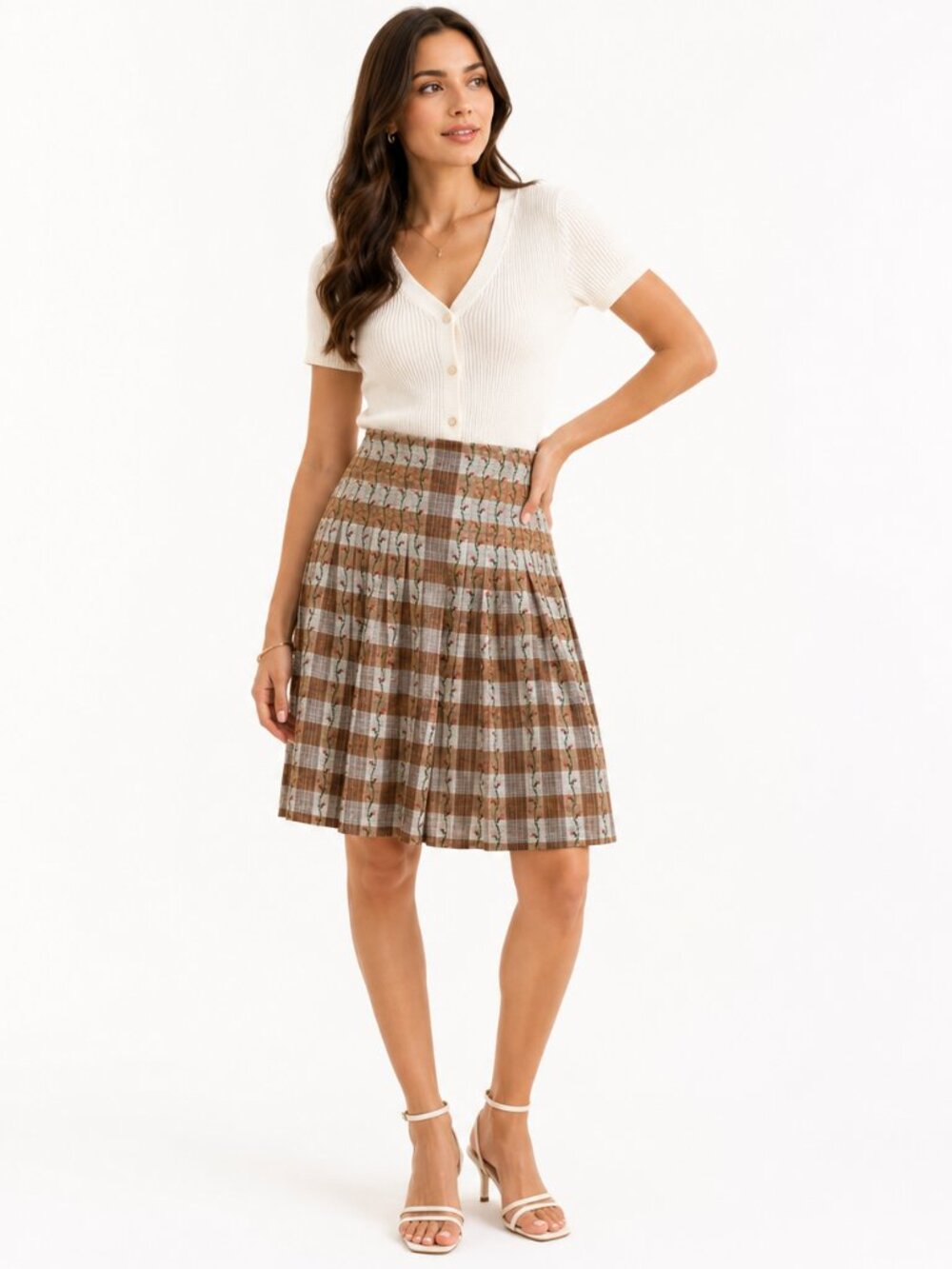 Free People Pleated Plaid Skirt Size 12 Floral Embroidered Cotton Boho Cottageco